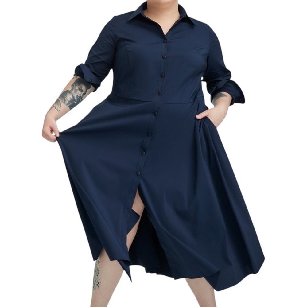 Pari Passu Poplin Button Shirtdress Long Sleeve Midi Navy Blue Plus SZ B8/26 New